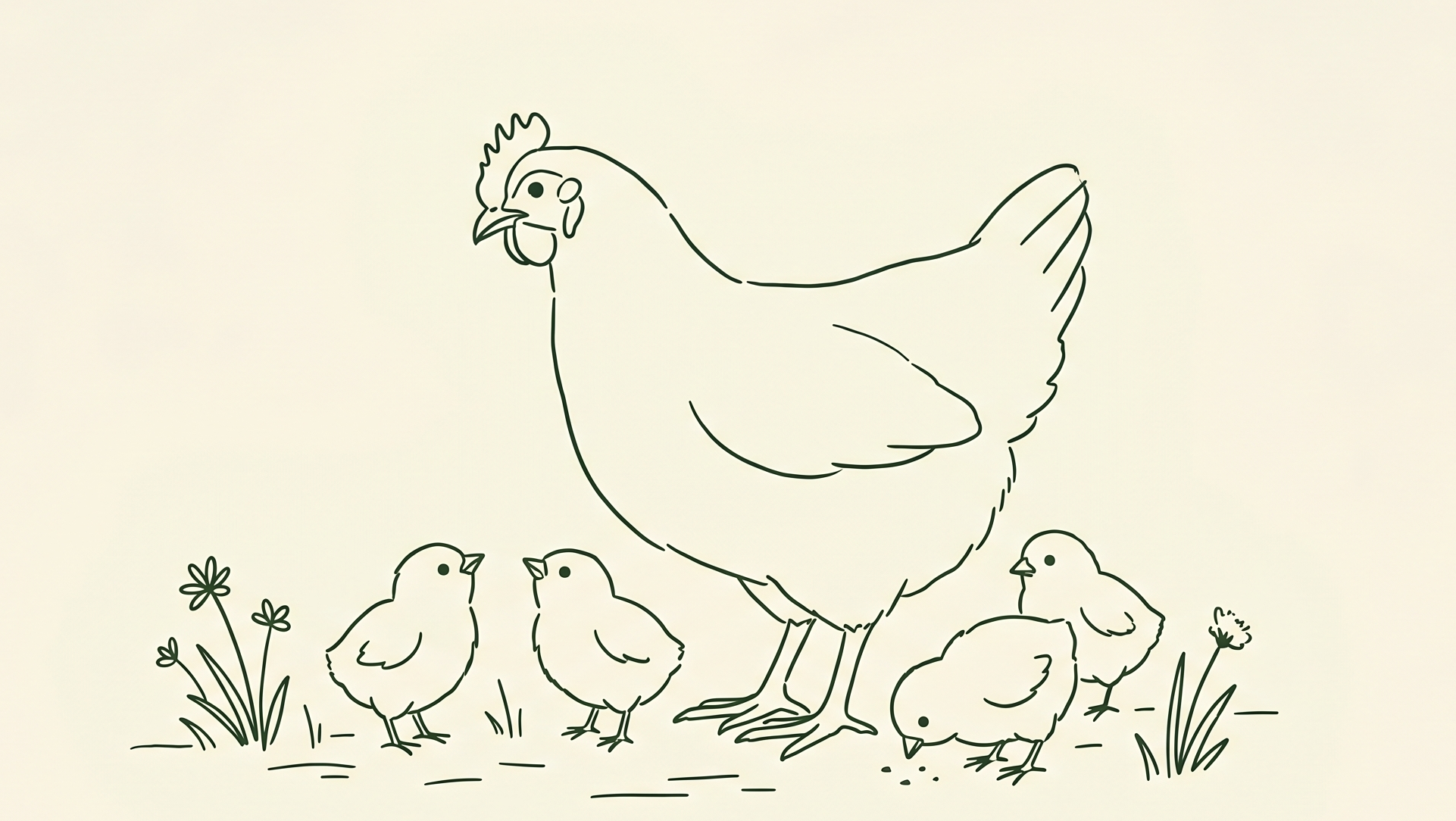 A line drawing of a hen with her chicks gathered around her.