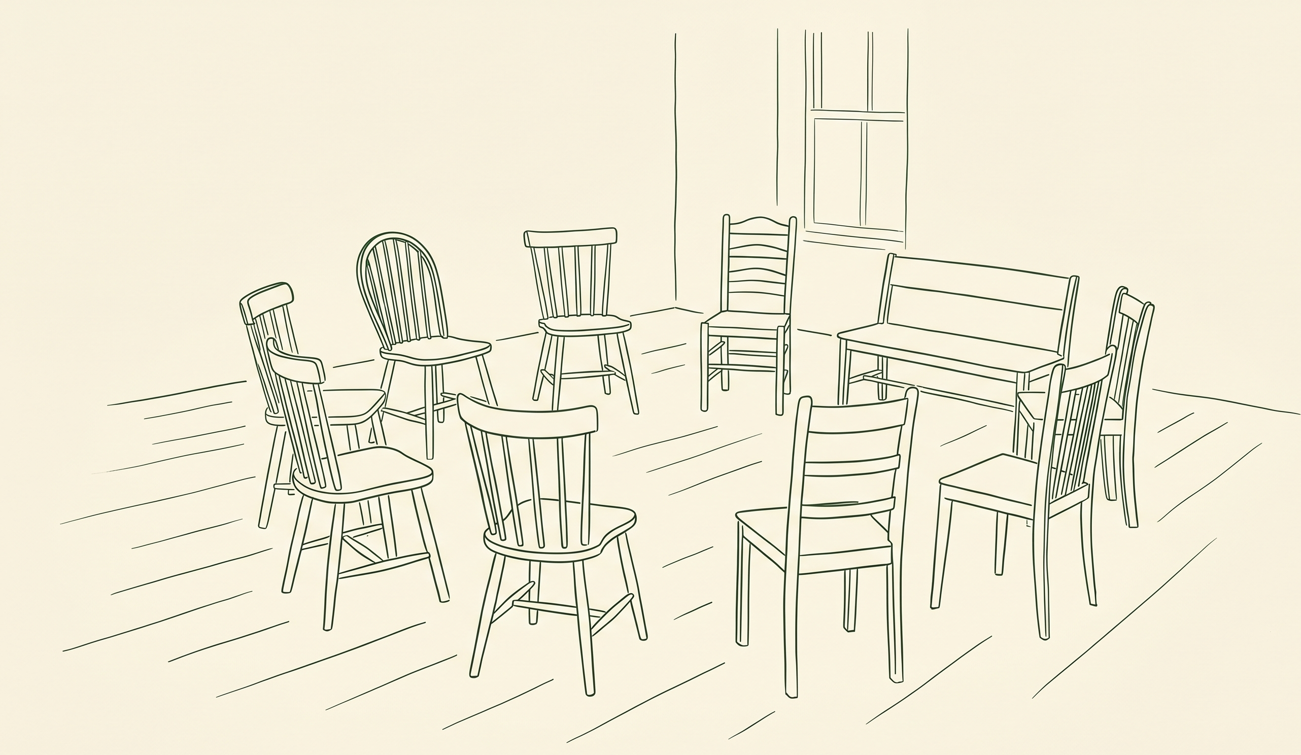A line drawing of empty wooden chairs arranged in a loose circle in a sunlit meeting room — the spatial pattern of a Quaker meeting before anyone has spoken.